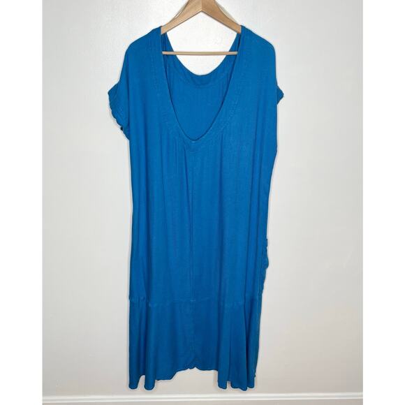 Free People Womens Short Sleeve Midi Dress Medium Blue Slouchy Relaxed Pockets - Picture 7 of 8